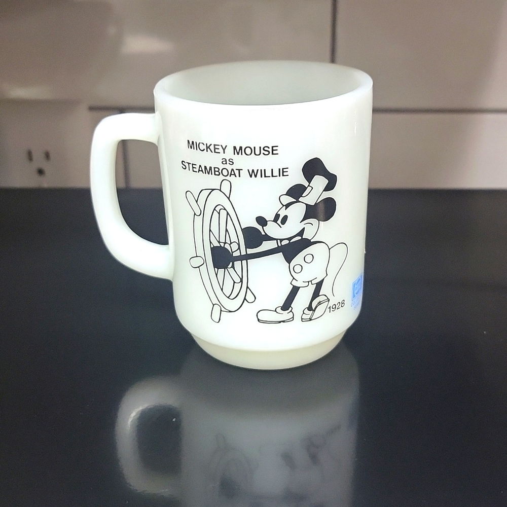 ​Vintage Anchor Hocking Milk Glass Mickey Mouse Steamboat Willie Pepsi Mug 1970s